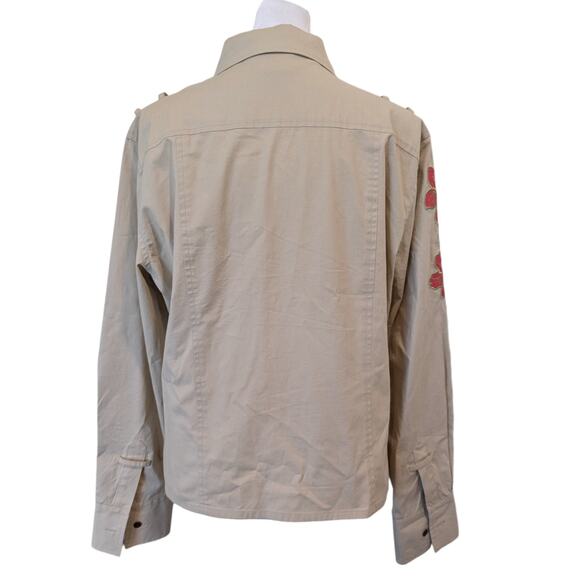 Garnet Hill Embroidered Flower Khaki Utility Button Up Size 12 - Picture 3 of 4